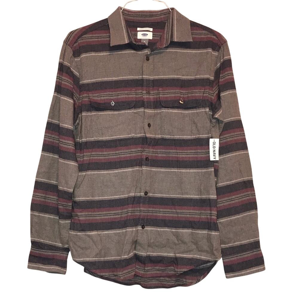 NWT Old Navy‎ Flannel Shirt Mens Medium Regular Fit Gray Striped Button Down
